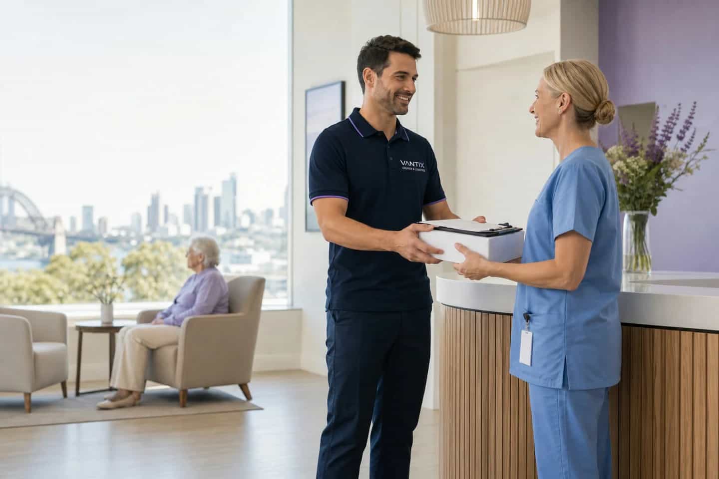 Courier delivering a package to a care-facility staff member