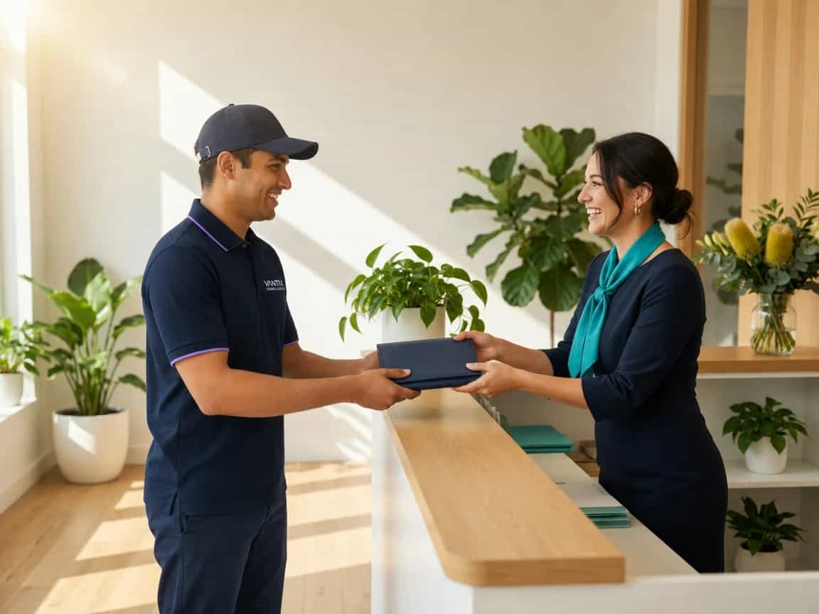 Courier handing a document folder to an office receptionist