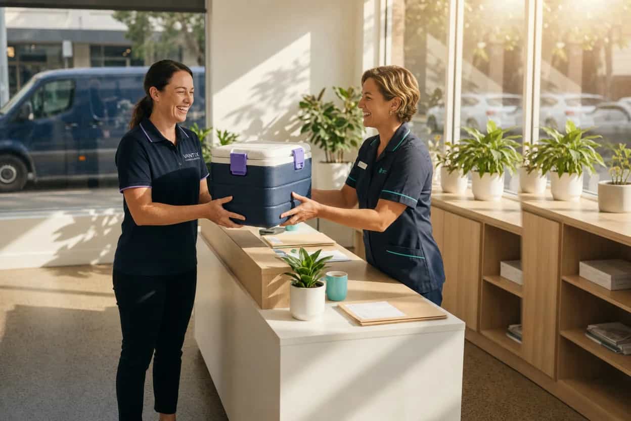 Courier handing an insulated case to clinic reception staff