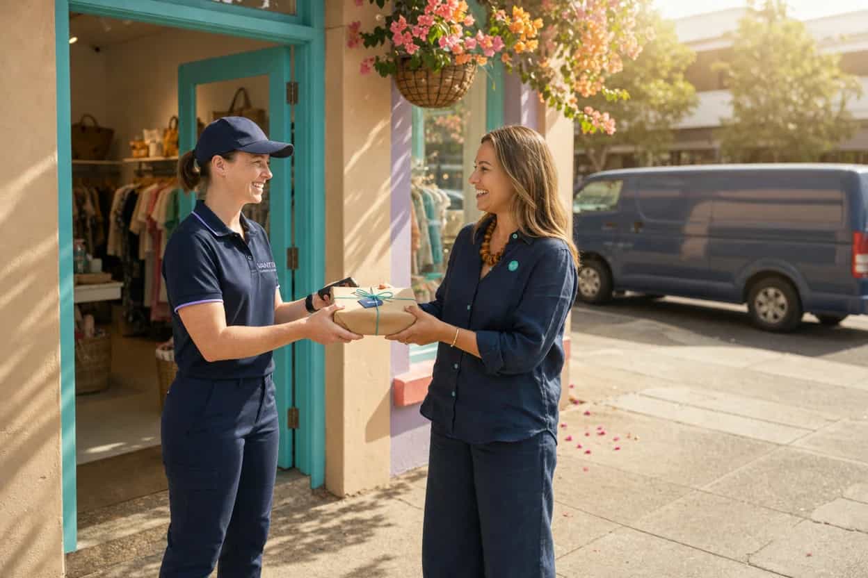 Courier handing a parcel to a shop owner at the store entrance