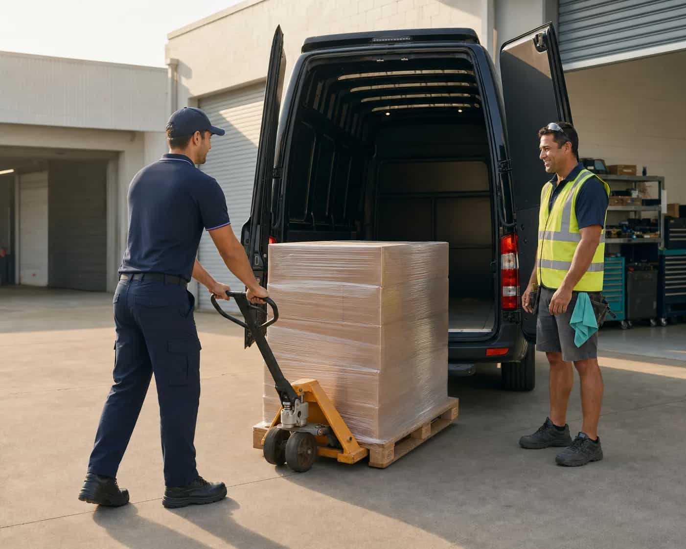 Courier moving a wrapped pallet from a van with a pallet jack
